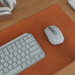 A modern workspace with computer accessories organized.